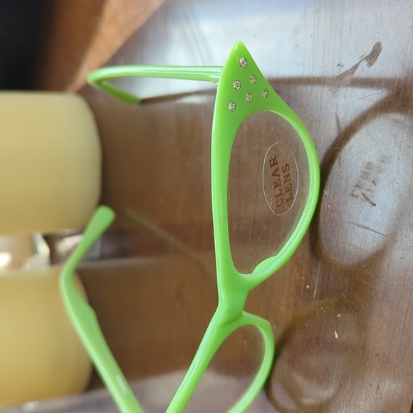 Chartreuse Retro Cat Eye Rhinestone Glasses - Picture 3 of 5